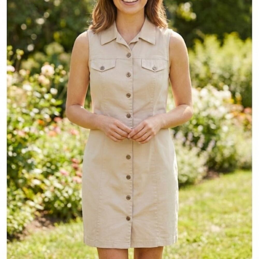 Vintage 90s Safari Dress Sleeveless Button Up Khaki Sheath Dress Mini Womens 4